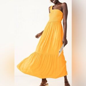 NINE WEST Resort Party 1 Shoulder Smock Bodice Tiered Flowing Marigold Maxi XXL